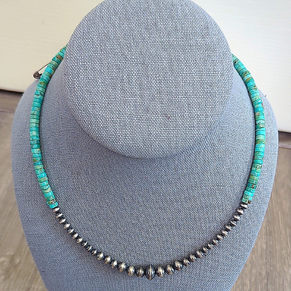 Southwest Sterling Silver Desert Pearls Heishi Turquoise Necklace